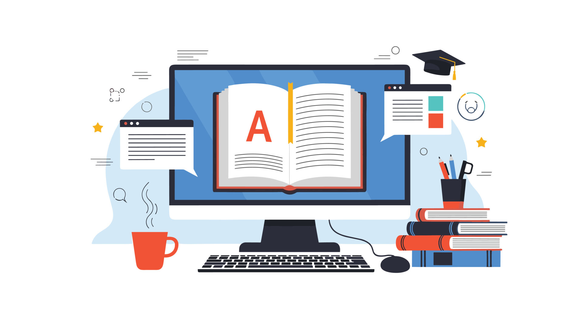 Concept of online learning featuring a computer monitor with an open book, coffee, graduation cap, and stacks of textbooks for study.